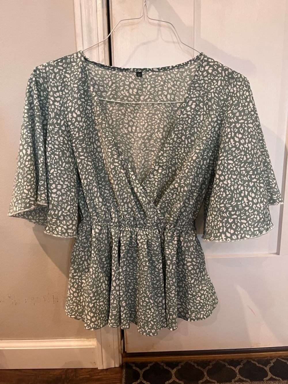 Flutter Sleeve Surplice Peplum Top in Sage with White Print